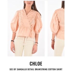 See By Chloe Perfect Peach Eyelet Floral Cotton Ruffle‎ Blouse Top EU 42 US L